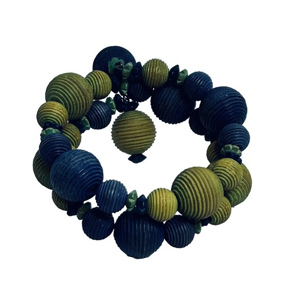 Blue And Green Beaded Memory Wire Wrap Bracelet - Picture 4 of 5